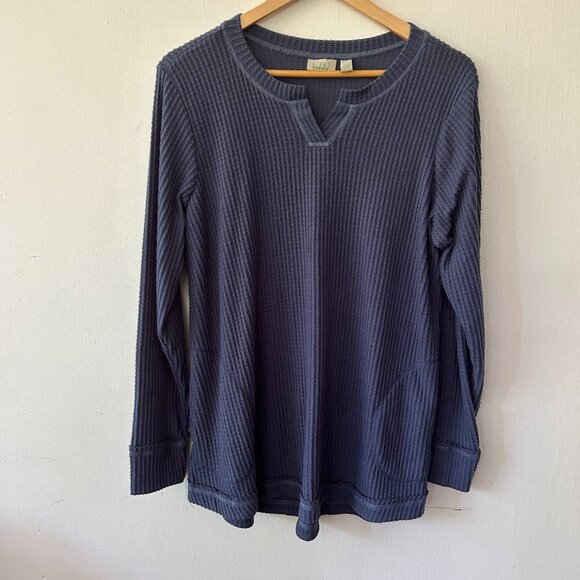 LOGO Lounge Lori Goldstein Thermal Top Womens Large Blue Split Neck Long Sleeve - Picture 1 of 5